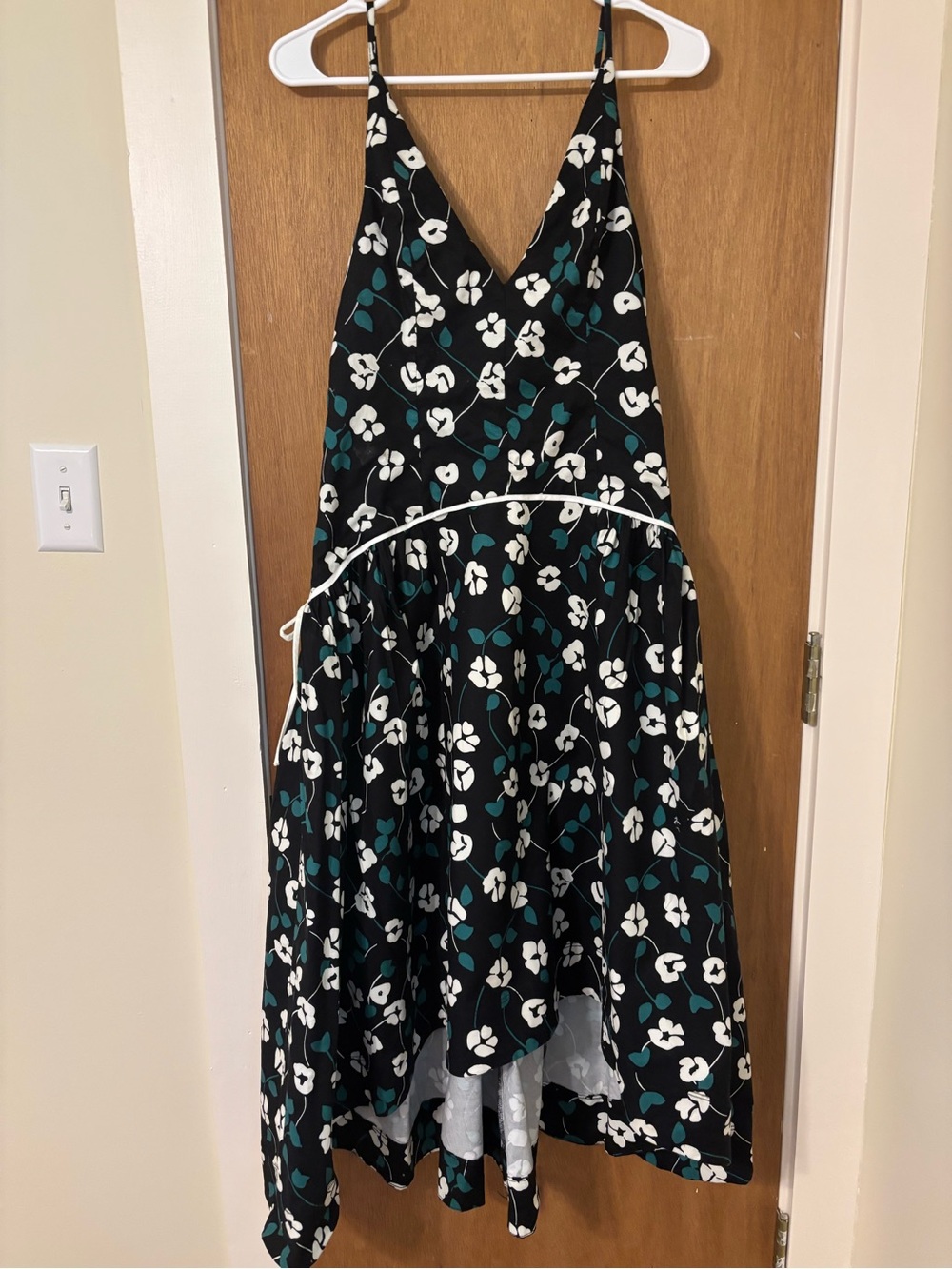 Free People Black Midi Floral V-Neck Dress with Teal and White Print